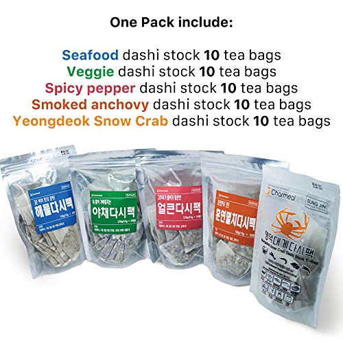 Sungjin Charmeal Premium Korean Umami Flavor 100% Natural Dashi T-Bag For Cooking Healthy Soups, Stocks, Stews, Noodles, Bouillon T-Bag (No Msg) 5 Variety Pack Gift Set #TOP5