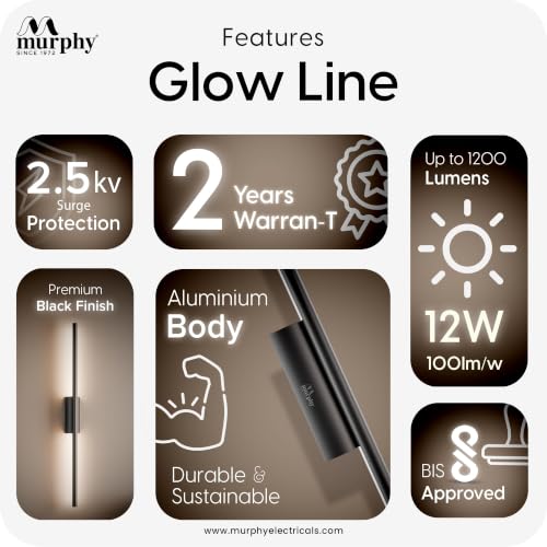 Image of Murphy Glow Line 12W LED Wall Highlighter | 3-in-1 Color Changing (Cool White /Natural White /Warm White) | Premium Black Aluminium Body | Pack of 1 | 2 Year Warranty
