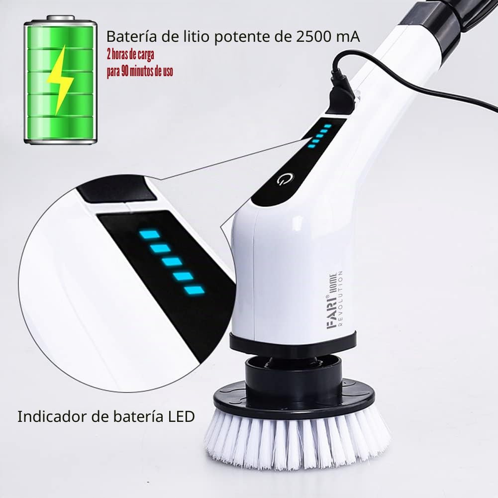 FARI Cepillo de limpieza eléctrico e inalámbrico con 7 cabezales reemplazables, bañera y baldosas, fregona eléctrica con mango ajustable para cuarto de baño y cocina, blanco