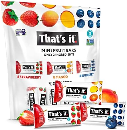That's it. Mini Fruit Bars (Variety 24 PACK) No Sugar Added, Plant-Based, Vegan & Gluten Free, Breakfast Bar, Paleo, for Children & Adults, Non GMO, Fiber (8 Blueberry, 8 Strawberry, 8 Mango)