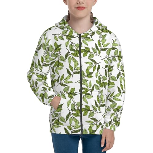 Green Laurus Leaf Kids Pullover Hoodies Boys Zip Up Sweatshirts Girls Athletic Clothes with Pocket3