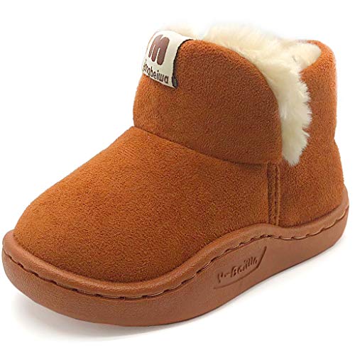 Jinouyy Boy's Girl's Snow Boots Winter Warm Fur Lined Ankle Booties Shoes (Toddler/Little Kid) Brown (Tan) 190