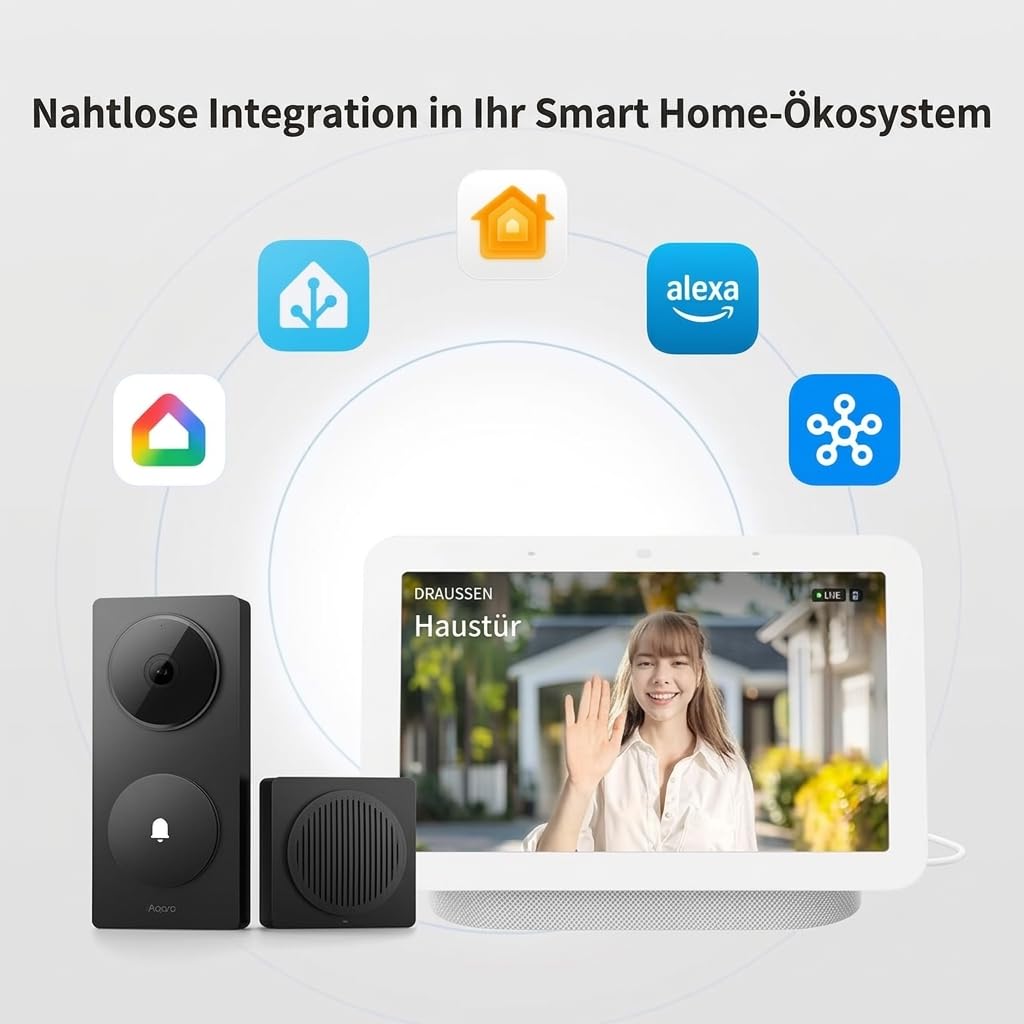 Aqara Smart Türklingel Kamera G410 mit Chime, 2k, Homekit-Sicherheits-Video, 2-Wege Audio, Integrierte Matter Hub, drahtlos/draht, unterstützt Apple Home, Google, Home-Assistant, 2.4G/5GHz WLAN, Grau