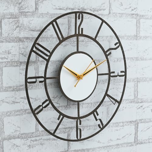 Image of Modern Mid-Century Metal Wall Clock with Large Number Cut-Out Design, Silent Sweep Movement, Golden & Black Hands, Antique Gold Texture, Powder-Coated Frame for Living Room, Bedroom & Office 15 Inch