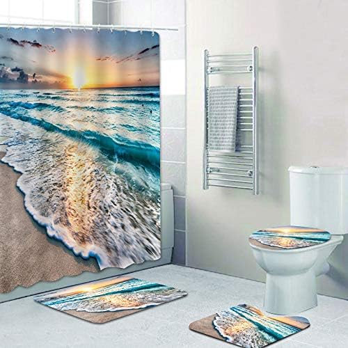 Shower Curtains with Bath rugs Non-slip Soft Toilet Lid Cover for Bathroom ,Home Tub Curtains Sets with Memory Foam Rugs ,3D Print Durable Polyester Fabric Shower Room Four-Piece Beach Sunrise