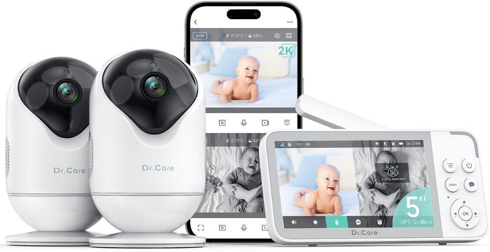 Dr.Care VistaView Smart WiFi Baby Monitor with 2 Cameras- 5 1080P Split Screen & 2K Camera App Control, Cry & Motion Alerts, Night Vision, 5000mAh Battery, 2-Way Talk, Triple Security, 1279ft Range