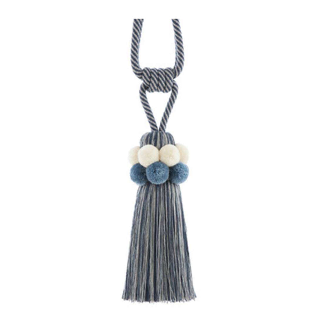 Alzapaños de cortina hechos a mano con borlas y pompones, color azul, 1 par, perfectos para dormitorio de niñas, alzapaños decorativos para cortinas