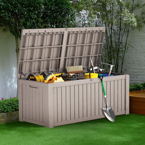 TARKARI 150 Gallon Lockable Resin Deck Box, Waterproof & UV-Resistant Outdoor Storage Box for Outdoor Cushion Storage and Delivery Box Storage, Coffee