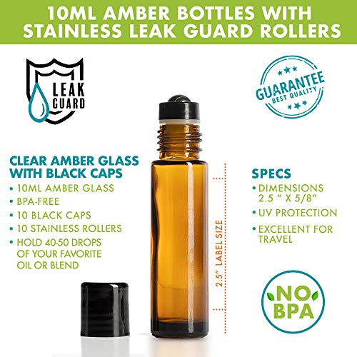 Your Oil Tools Got Oils? 10 Pack, Amber Glass, 10Ml Glass Roller Bottles With Stainless Leak Guard Rollers & Black Caps #TOP6