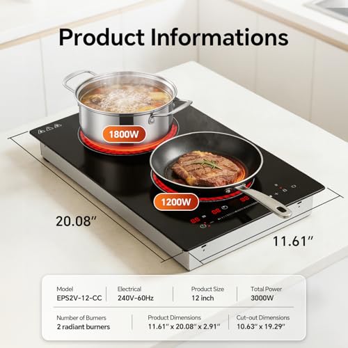Image of Ranein 12 Inch 2 Burner Electric Cooktop, 3000W, 240V