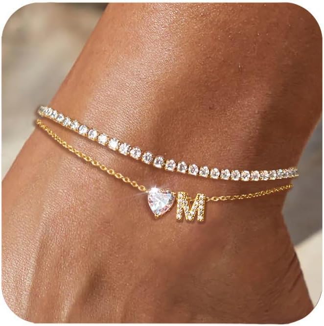 Gold Initial Ankle Bracelets for Women Waterproof 14K Gold Filled Layered Anklets for Women Non Tarnish Women’s Anklets Adjustable Large Ankle Summer Beach Foot Jewelry
