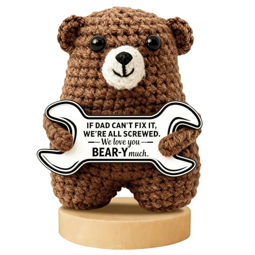 Funny Dad Birthday Gift for Dad from Daughter Son Wife, Funny Handmade Crochet Bear With Wrench Spanner Card, Fathers Day Birthday Gifts for Step Bonus Girl Boy Daddy Papa, I Love You Small Best