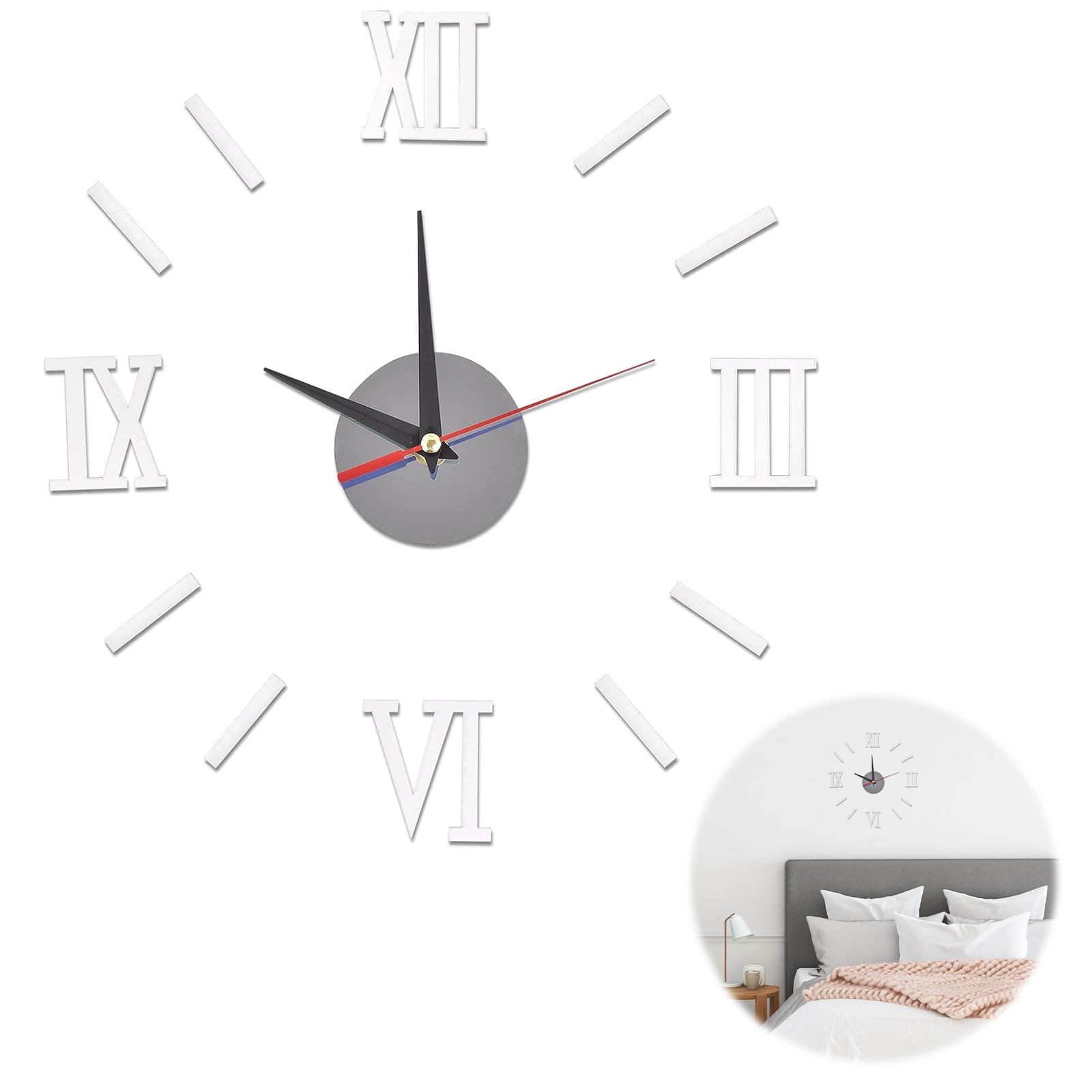 Jiayaus 3D DIY Frameless Wall Clock, Large Modern Roman Numerals Mirror Sticker, Round Wall Clocks Decoration for Home, Living Room, Bedroom, Office, Hotel