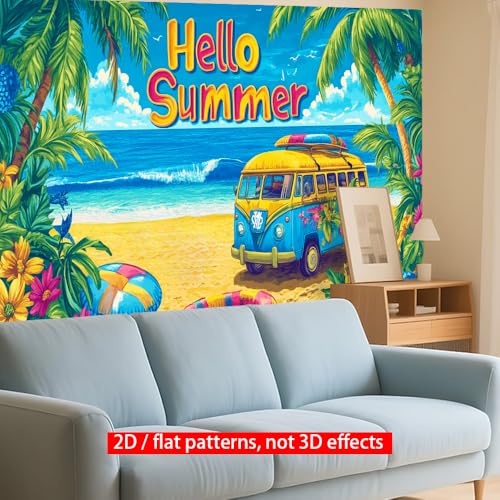 Image of 71x43 Inch Hello Summer Banner Beach Retro Camper Van Backdrop Tropical Ocean Yard Decorations Seasonal Outdoor Decor Fence Sign