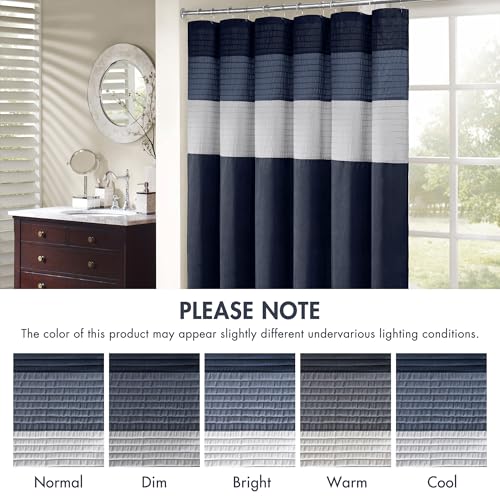 Image of Madison Park Amherst Bathroom Shower Curtain Faux Silk Pieced Striped Modern Microfiber Bath Curtains, 72x84 Inches, Navy