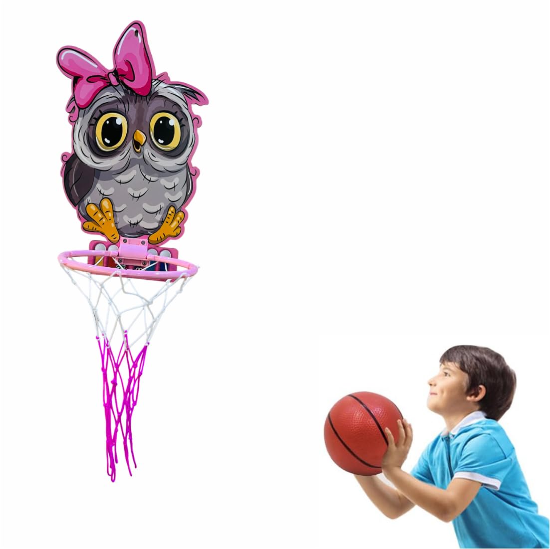 Kids Basketball Hoop with Cute Owl Design, Pink and Grey Mini Basketball Net, Wall-Mounted, Basketball Portable Set with Hanging Board, Ring Net for Indoor and Outdoor Games 3
