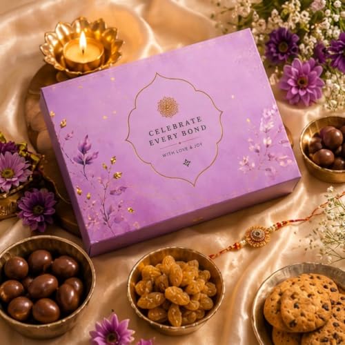Image of MALVAS FOOD Rakhi Gift Hamper for Brother | Raksha Bandhan Gift Box with Rakhi, 4 Chocolates, Choco Almonds, Cookies, Raisins, Roli Chawal Chandan Mishri & Greeting Card | Festive Gift Pack