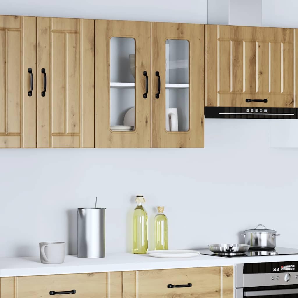 Kalmar Küchen-Hängeschrank, Artisan-Eiche Holzwerkstoff, 60x31x60 cm, mit Glastür, robuster Wandschrank für Küche, Speisekammer Lagerung, pflegeleicht