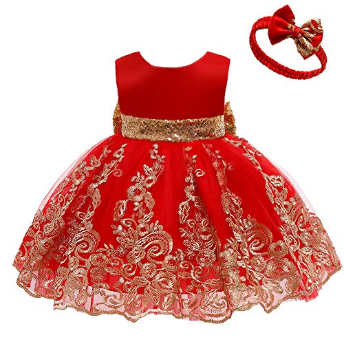 0-6T Big Bowknot Sequins Embroidered Lace Party Tutu Gown Toddler Baby Girls Dress With Headwear Easter Ball Gown Dress Red 120 #TOP1