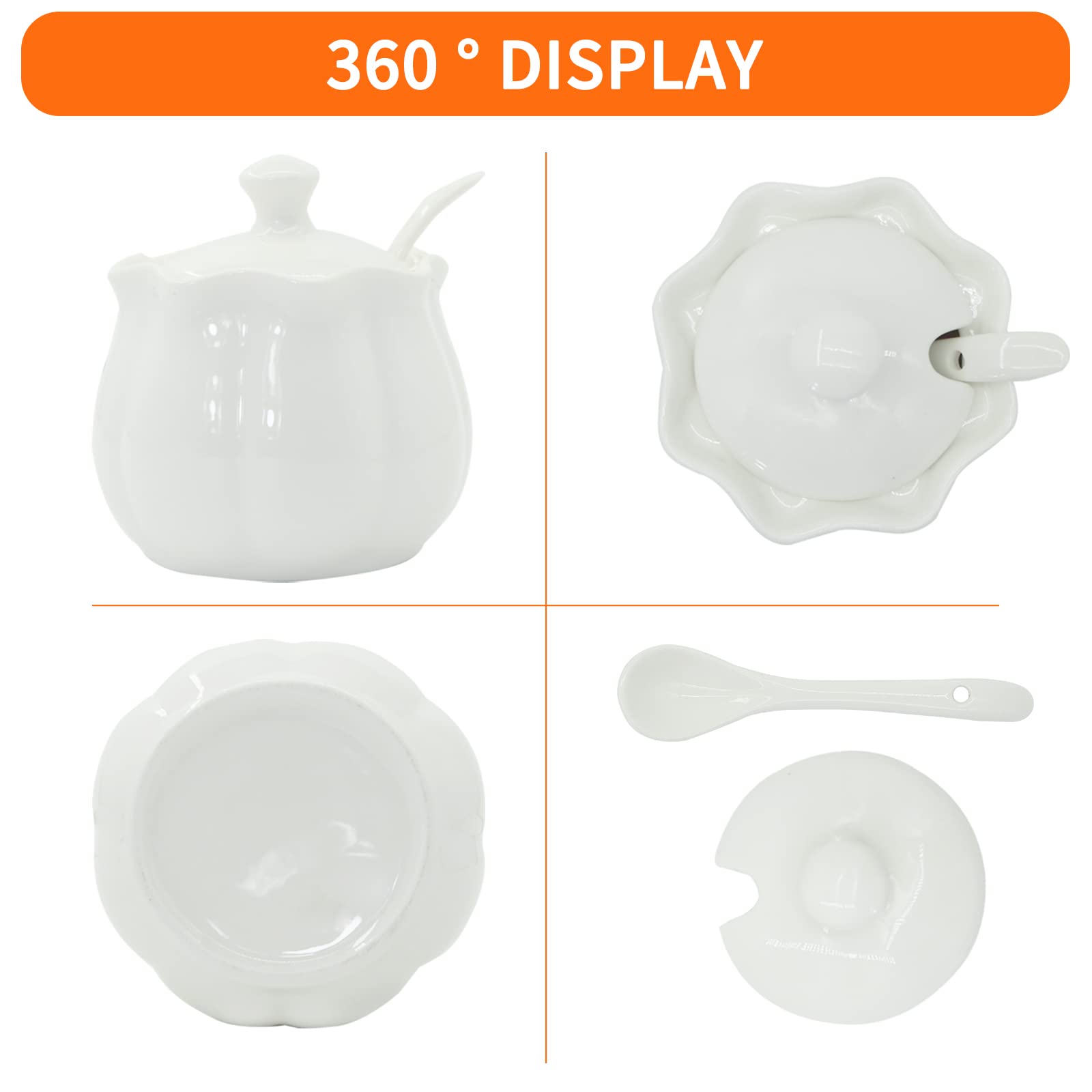 Kitchenexus Zuccheriera Bianca In Ceramica A Forma Di Zucca Con Coperchio E Cucchiaio – 260 Ml