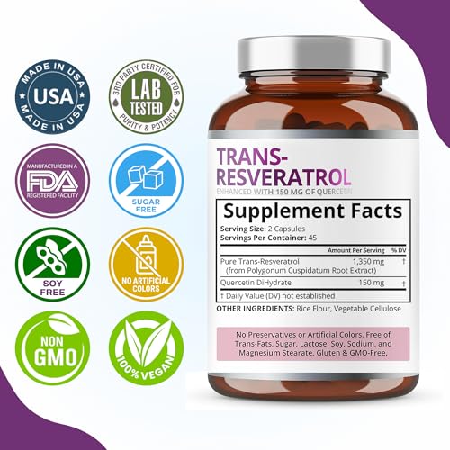 purity labs pure organic trans resveratrol supplement with quercetin vegan antioxidant nutritional supplements for heart skin hair nails  sourced from japanese knotweed  90 capsules