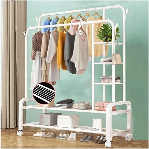 Image of LEOPAX Heavy Duty Metal Double Rod Clothe Rail, 5-Tier Coat Garment Rack with 4 Side Hooks, Multipurpose Cloth Stand for Bedroom, Livingroom, Hallway - (White, 120 x 45 x 160cm)