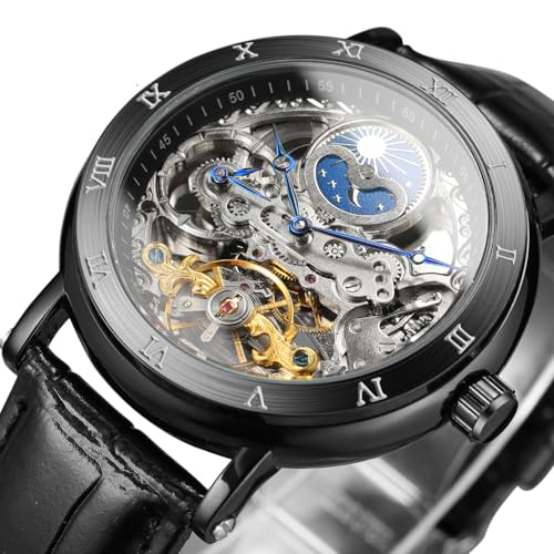 Image of FORSINING Men's Self Winding Automatic Watch Tourbillon Analog Skeleton Movement Moon Phase Wrist Watch with Genuine Leather Strap