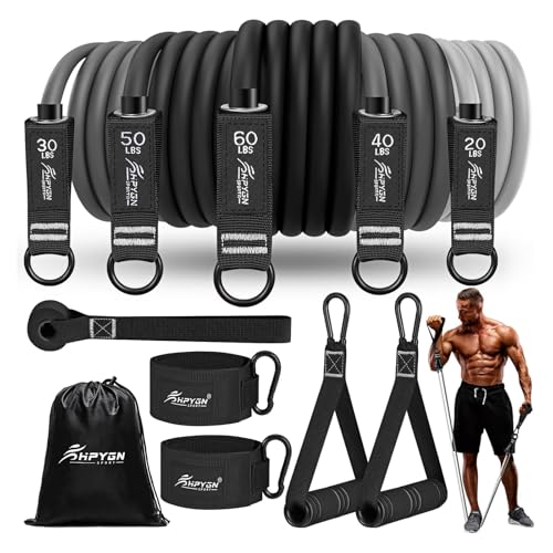 HPYGN Fitnessbänder Set, 200LBS Resistance Bands 5 Verschiedene Stärken, Widerstandsbänder Set mit Griffen Knöchelriemen und Türanker Tragbarer Rucksack, für Indoor Home Gym und Outdoor