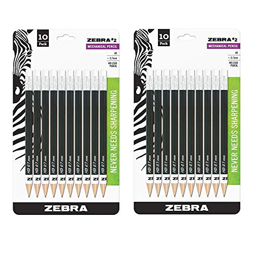 Zebra #2 Mechanical Pencil, 0.7mm Point Size, Standard HB Lead, Black Barrel, 10-Count, 2 PACK