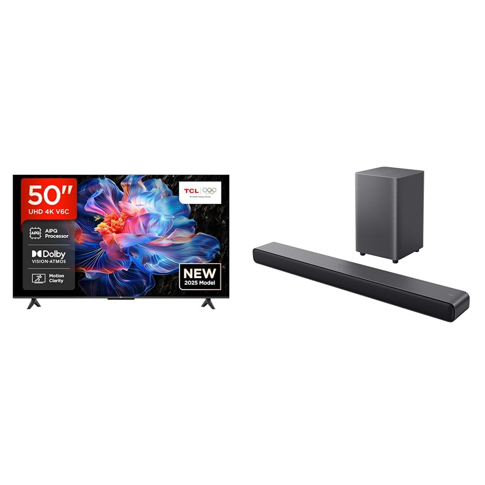 TCL Bundle of 50V6C Direct LED Smart TV, 4K HDR, Google TV (Dolby Audio, Motion Clarity) Dolby Atmos 2.1 Channel S55HE Soundbar, 220W MAX Power with Dual Bass System, Wireless Subwoofer