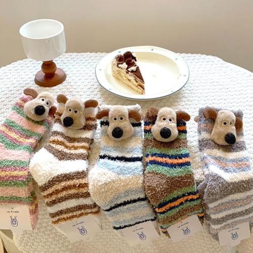 Image of 5 Pairs Fuzzy Socks for Women, Winter Thickening Coral Velvet Cozy Socks, Warm Home Sleeping Socks, Cute Animal Slipper Socks