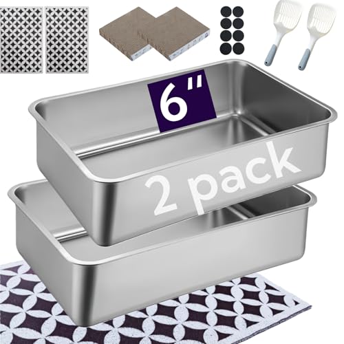 Image of 2 pack Stainless Steel Cat Litter Box with High Sides - Metal Cat Pan, Large Indoor Litter Tray, Never Absorbs Odor, Pet Toilet Supplies Smooth Surface for Kitten, Kitty, Rabbit 17.5 inch13.5 inchx6 inch