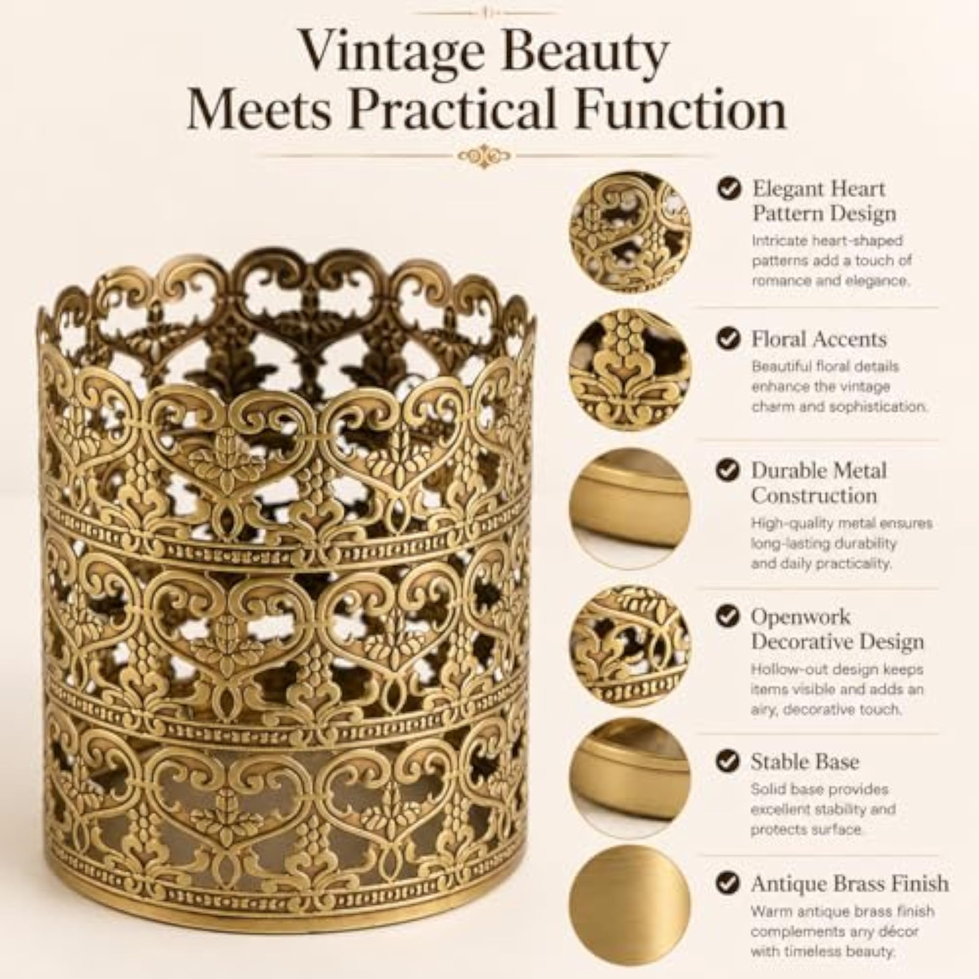 Heart Patterned Vintage Hairbrush Holder Makeup Vanity Organizer