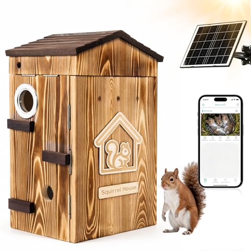 Smart Squirrel Box with Solar Powered Camera 2K HD Wi-Fi Pet Camera Auto Detection & Night Vision Secure Outdoor Nesting House for Squirrels with Reinforced Casing App Control (2.4GHz Only)
