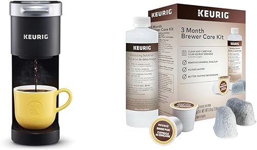 Keurig K-Mini Cafetera de una sola porción, negro y kit de mantenimiento de cafetera de 3 meses incluye solución de descalcificación