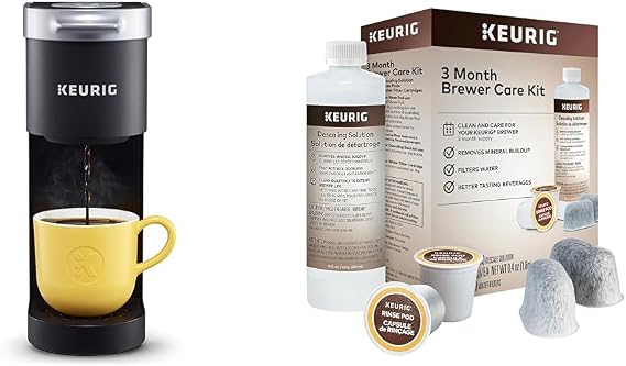 Keurig K-Mini Single Serve Coffee Maker ، طقم صيانة Brewer باللون الأسود و 3 أشهر يتضمن حل إزالة الترسبات