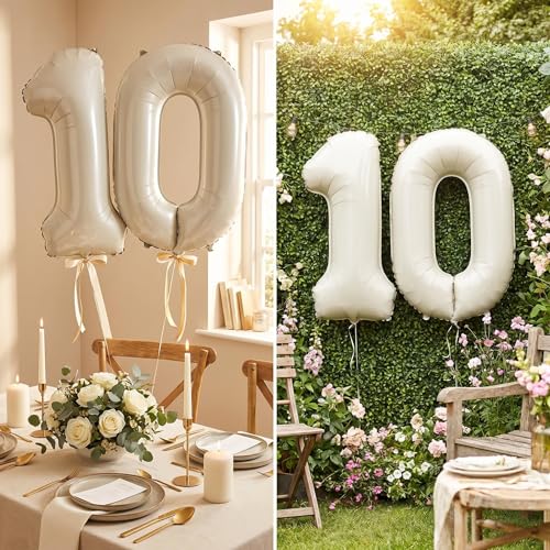 Image of Number 10 Balloon Foil Mylar Balloons for Birthday Party Decoration (Ivory, 32 Inch)