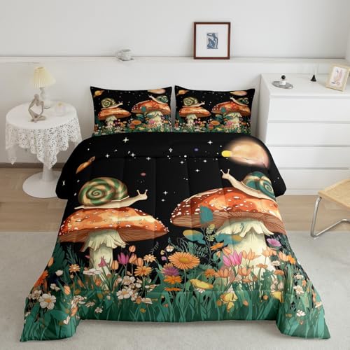 Image of Feelyou Mushroom Floral Botanical Comforter Set Twin Size Kids Boys Girls | Teens Butterfly Snail Nature Duvet Set Room Decor 2Pcs Warm Cozy Breathable Lightweight All Season