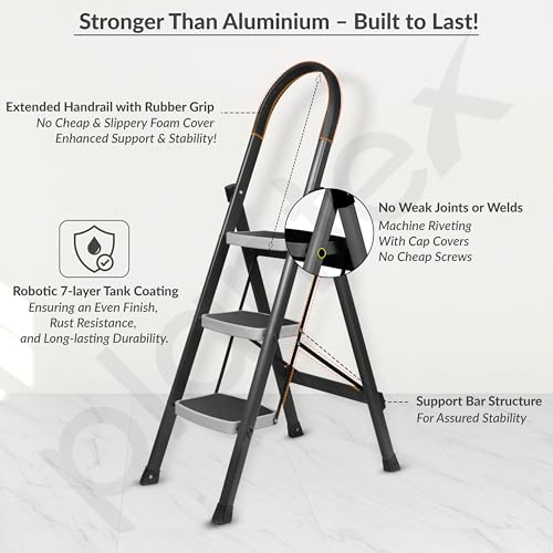 Image of Plantex Steel 3 Step Ladder for Home /Wide Anti Skid 3 Step Ladder Foldable /5 Year Manufacturer Warranty By Plantex(Gray)