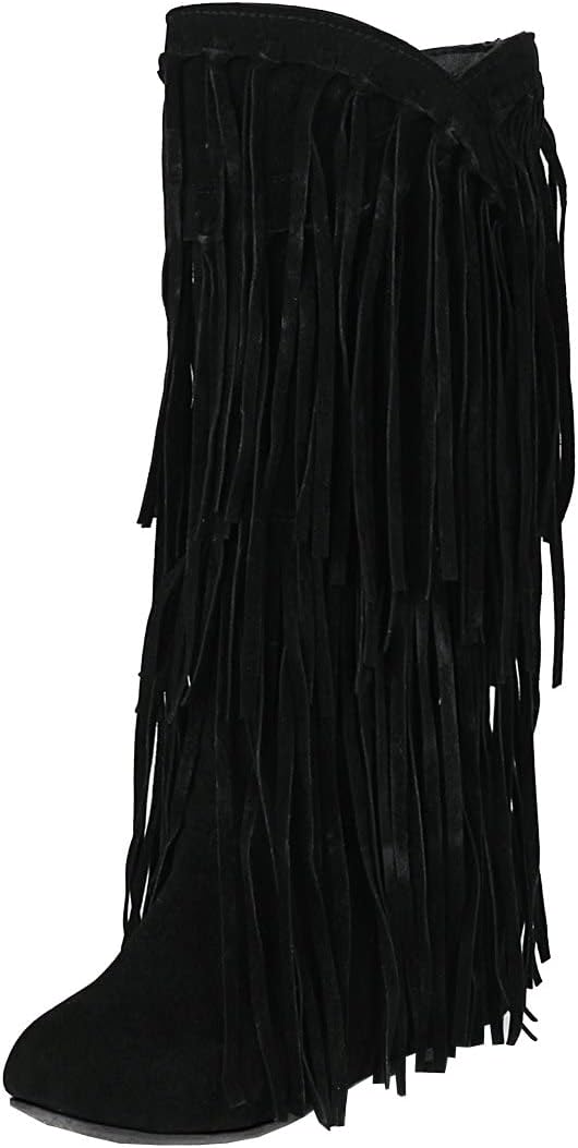 Etebella Womens Round Toe Knee High Tassel Boots Flat Fringe Long Tall Pull On Boots