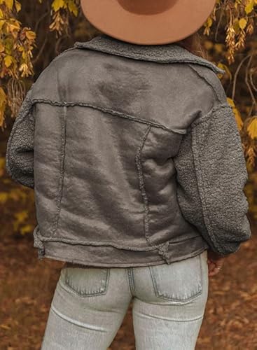 Dokotoo Womens Winter Pocketed Sherpa Lined Faux Suede Shacket Jackets Fleece Fur Collar Snap-Button Long Sleeve Outwear Coat For Women,S,Gray #TOP4