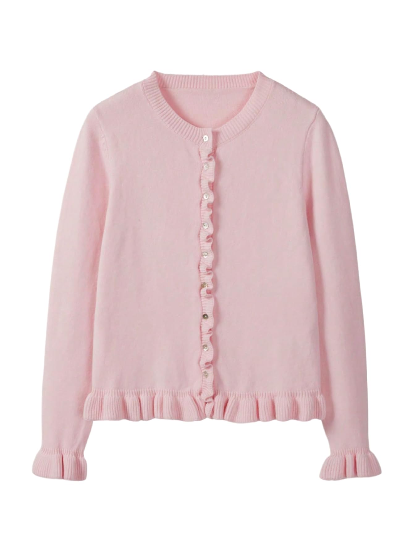 GORGLITTER Womens Button Up Ruffle Cardigan Sweaters Crew Neck Long Sleeve Knitwear Tops