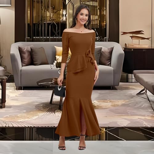 Image of Women's Elegant Formal Mermaid Maxi Dress Off Shoulder Long Sleeve Wedding Split Evening Gown Prom Cocktail Party Dresses