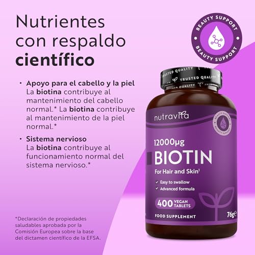 Nutravita Biotina 12000mcg - 400 comprimidos para 13 meses de suministro, Biotina para el Cabello y la piel (EFSA) - Biotin Vegano - imagen 2