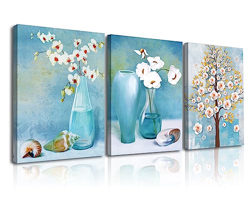 Piy Painting Abstractos Flor Blanca Fotografía sobre Lienzo, 30X40cm Artística Imagen Floral Cuadros Murales de Giclee, Listo para Colgar Fotos para Decor de la Salón, Regalo de Cumpleaños 3piezas
