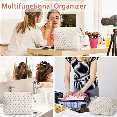 Sightor Cotton Makeup Bag, Kawaii Floral Cosmetic Bag Large Travel Toiletry Bag, Quilted Cosmetic Pouch for Women (Beige)4