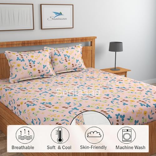 Image of 200 TC Cotton Feel All Around Elastic Fitted Bedsheet, Elastic Fitted Bedsheet King Size Bedsheet for Double Bed with 2 Pillow Covers, Size - 72 x 78 x 8 Inch Color Baby Pink