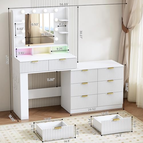 Image of Vanity Desk with Mirror and Lights, Fluted Makeup Vanity with 8 Drawers, Storage Shelves, RGB Light and Power Outlet, Bedroom Dessing Table for Women, Girls, White,56.7 inch