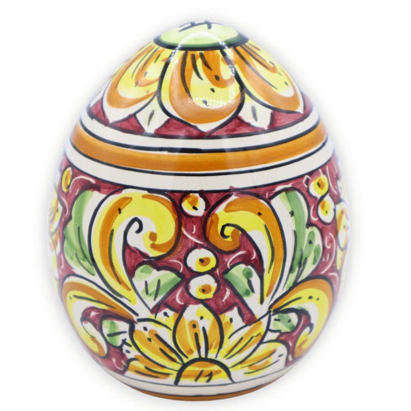 Oeuf en céramique Caltagirone bordeaux décor baroque 15 cm