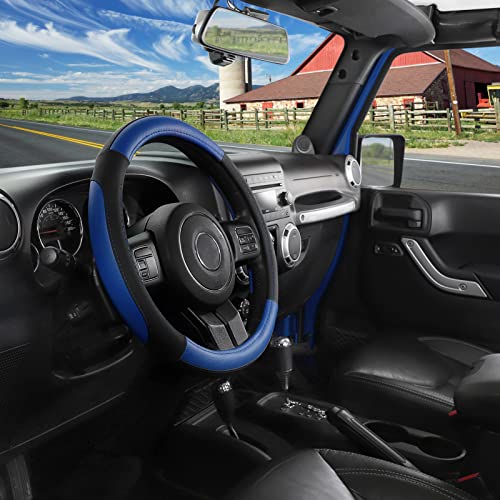 SEG Direct Car Steering Wheel Cover for F-150 Tundra Range Rover 15.5-16 inch, Black and Blue Microfiber Leather - Thumbnail 7